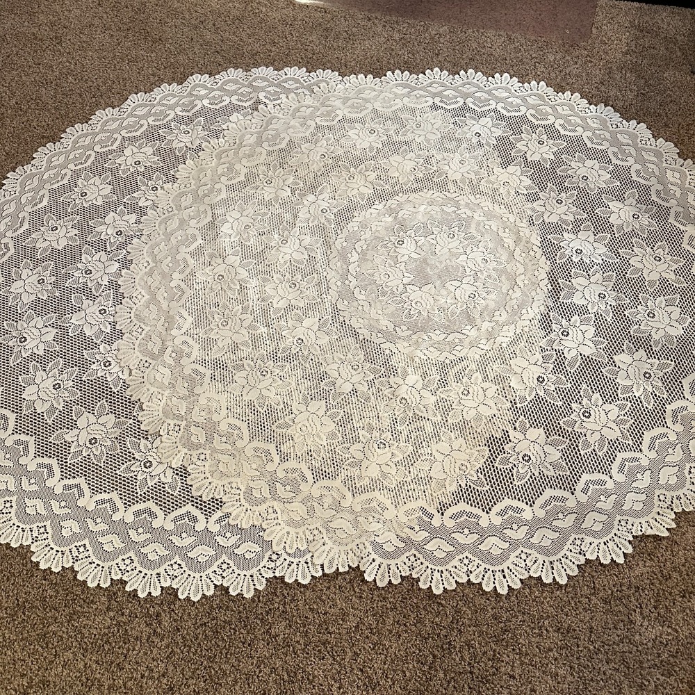 (2) VTG Ivory Lace Banquet Tablecloth Round 71" Victorian Floral Scroll Romantic